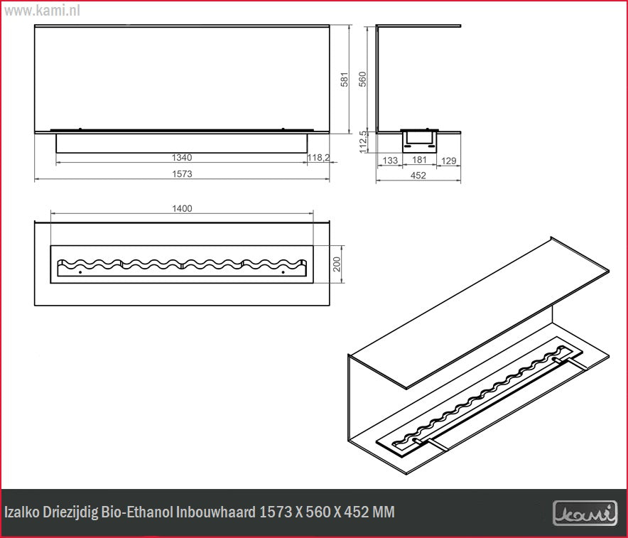 Izalko Driezijdig Bio-Ethanol Inbouwhaard 157 CM