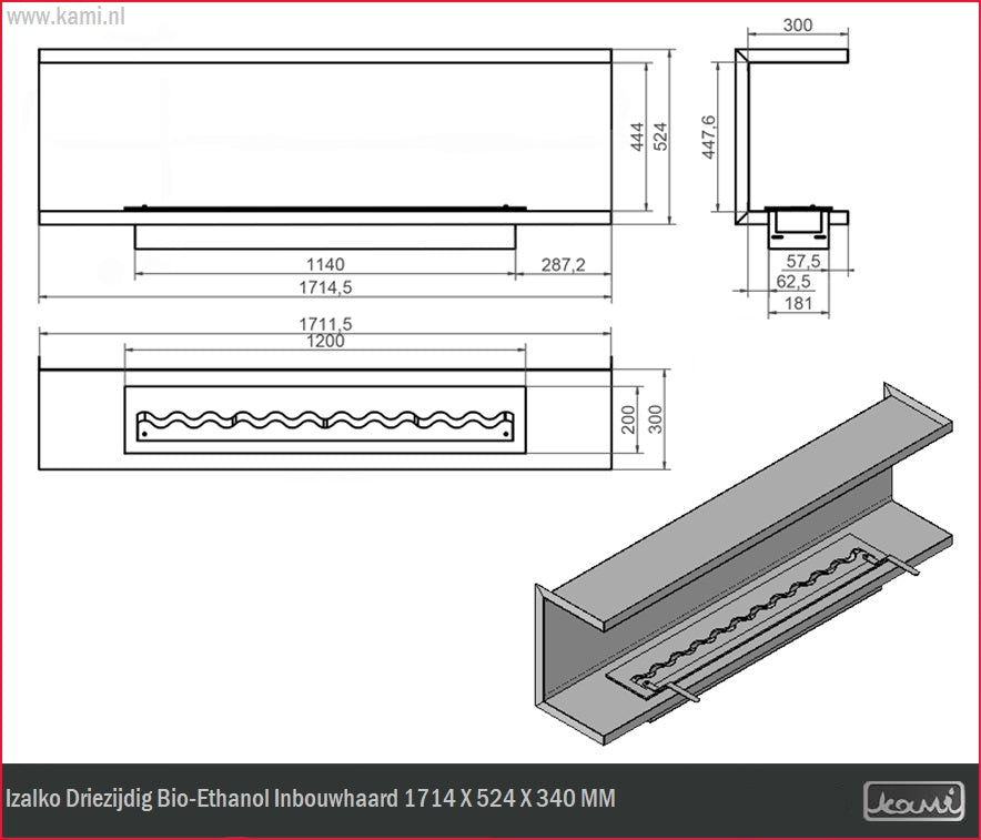 Izalko Driezijdig Bio-Ethanol Inbouwhaard 171,4 CM