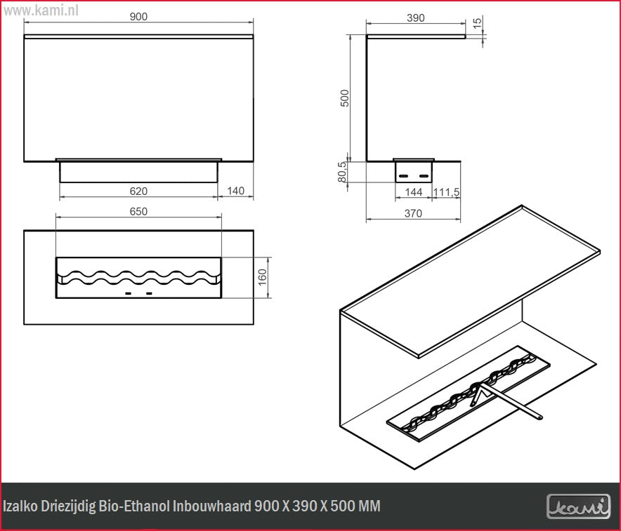 Izalko Driezijdig Bio-Ethanol Inbouwhaard 90 CM